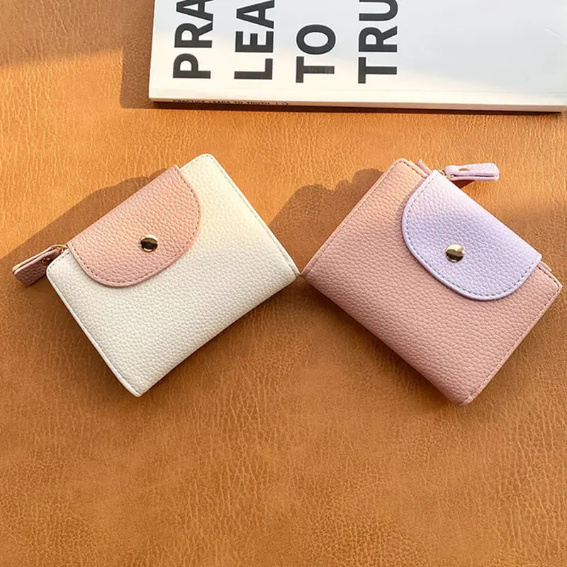 Soft Leather Mini Zipper Coin Bag Snap Button Solid Color Women Wallets Folding Card Holder Large-capacity Money Bag