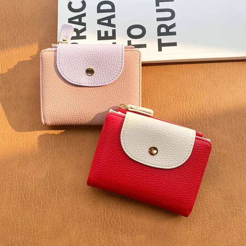 Soft Leather Mini Zipper Coin Bag Snap Button Solid Color Women Wallets Folding Card Holder Large-capacity Money Bag