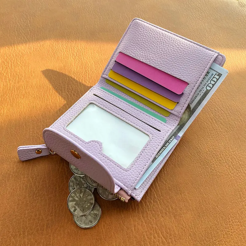 Soft Leather Mini Zipper Coin Bag Snap Button Solid Color Women Wallets Folding Card Holder Large-capacity Money Bag