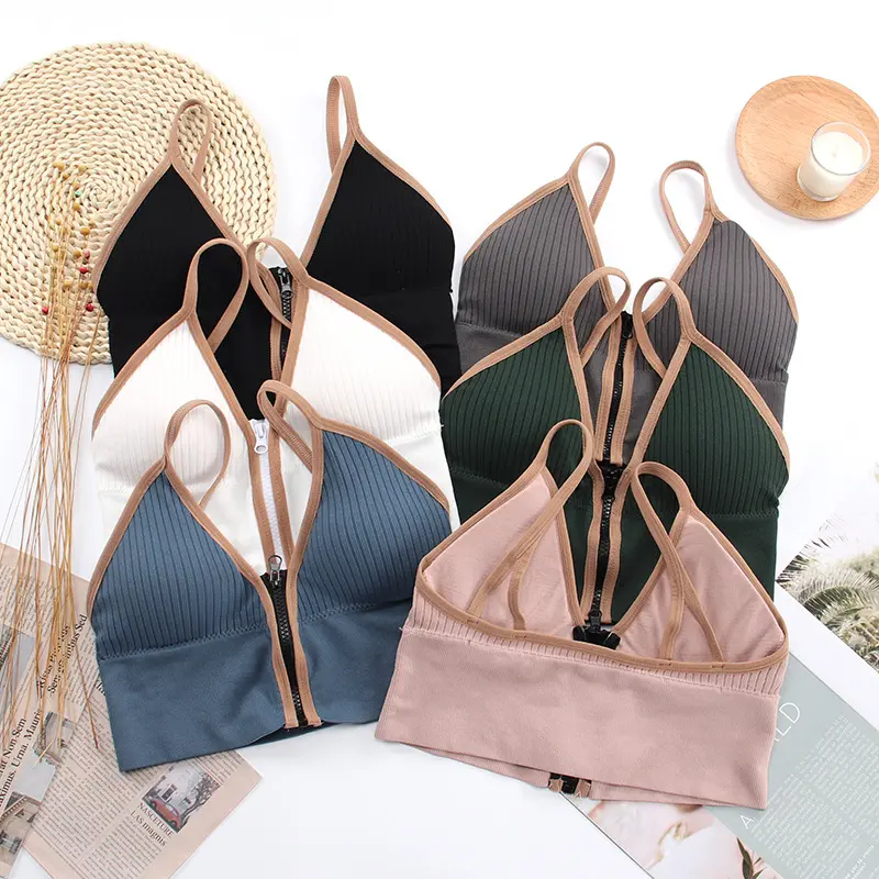 Summer Sexy Bras For Women Deep V Front Zipper Beautiful Back Wrapped Chest Lingerie Sports Tank Top Anti-glare Camisole