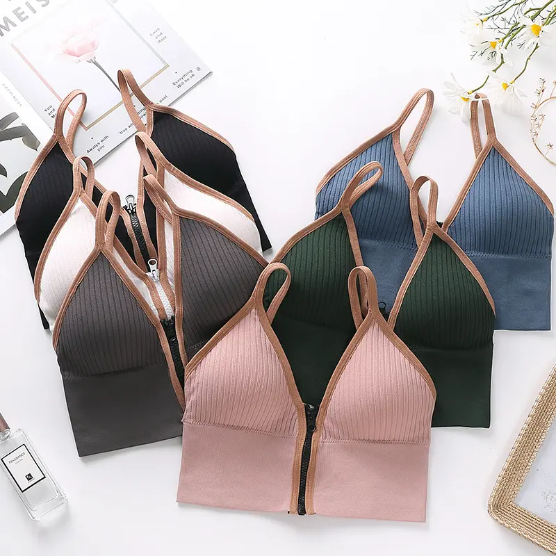 Summer Sexy Bras For Women Deep V Front Zipper Beautiful Back Wrapped Chest Lingerie Sports Tank Top Anti-glare Camisole