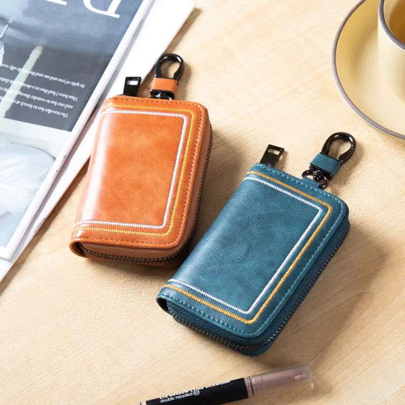 Genuine Leather Men Car Key Case Retro Key Organizer Short Zipper Car Key Holder Mini Pouch Housekeeper Wallet