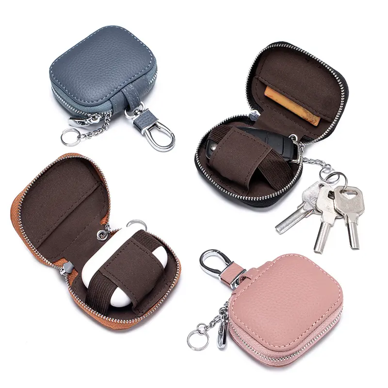 First Layer Cowhide Key Wallets Genuine Leather Waist Hanging Key Case Mini Bluetooth Headset Protective Cover Keychain Bag