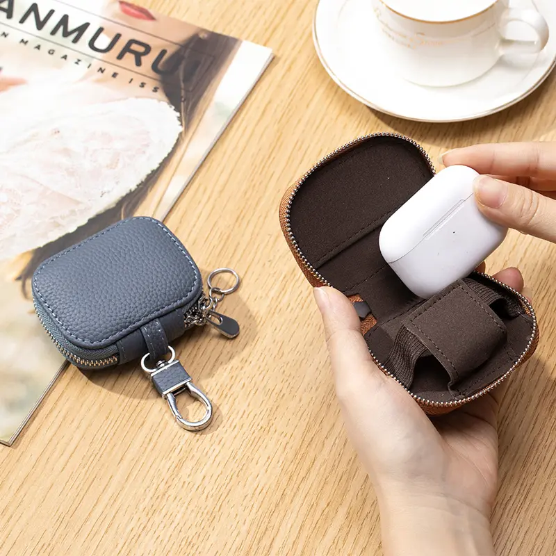 First Layer Cowhide Key Wallets Genuine Leather Waist Hanging Key Case Mini Bluetooth Headset Protective Cover Keychain Bag