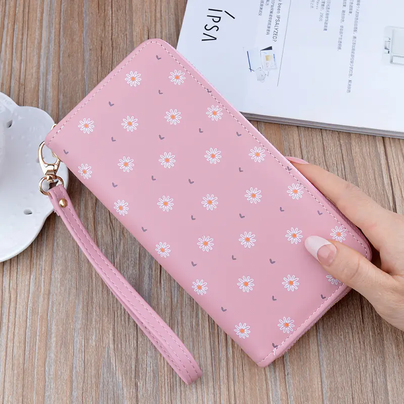 Large Capacity Women's Wallet Flower Print Card Holder Fashhion Money Bag PU Leather Zipper Purse Long Clutch 19.5x9.5x2.5cm
