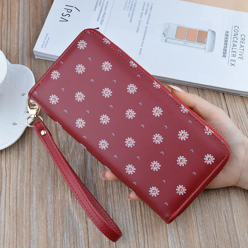 Large Capacity Women's Wallet Flower Print Card Holder Fashhion Money Bag PU Leather Zipper Purse Long Clutch 19.5x9.5x2.5cm