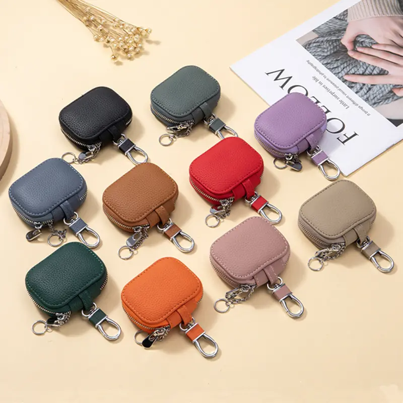 First Layer Cowhide Key Wallets Genuine Leather Waist Hanging Key Case Mini Bluetooth Headset Protective Cover Keychain Bag