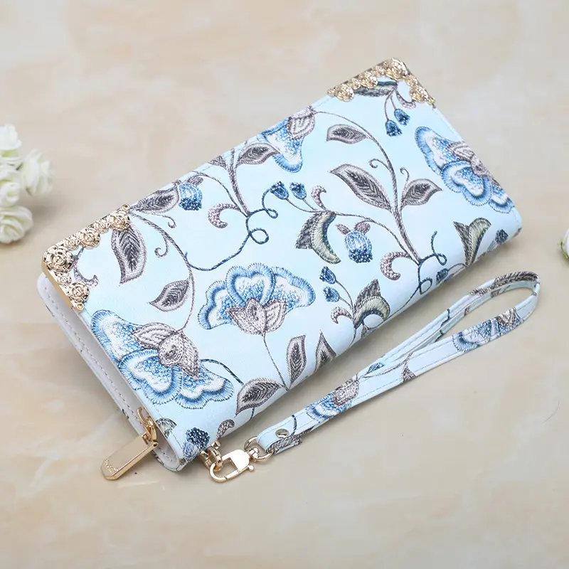 Women Long Wallet PU Leather Zipper Coin Purse Fashion Embroidered Phone Pocket Card Holder Credit Multifunction Lady Money Bag