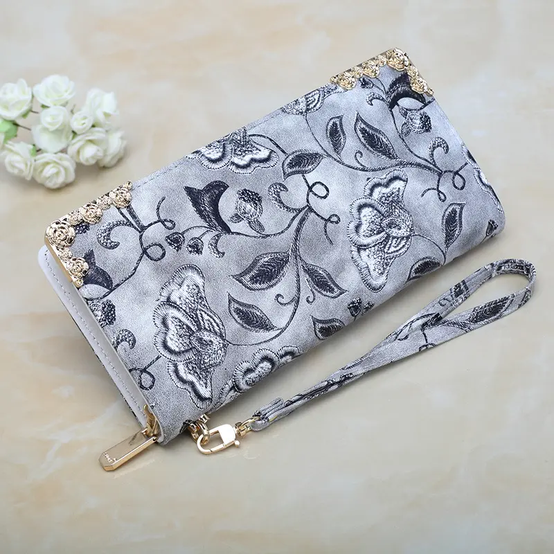 Women Long Wallet PU Leather Zipper Coin Purse Fashion Embroidered Phone Pocket Card Holder Credit Multifunction Lady Money Bag