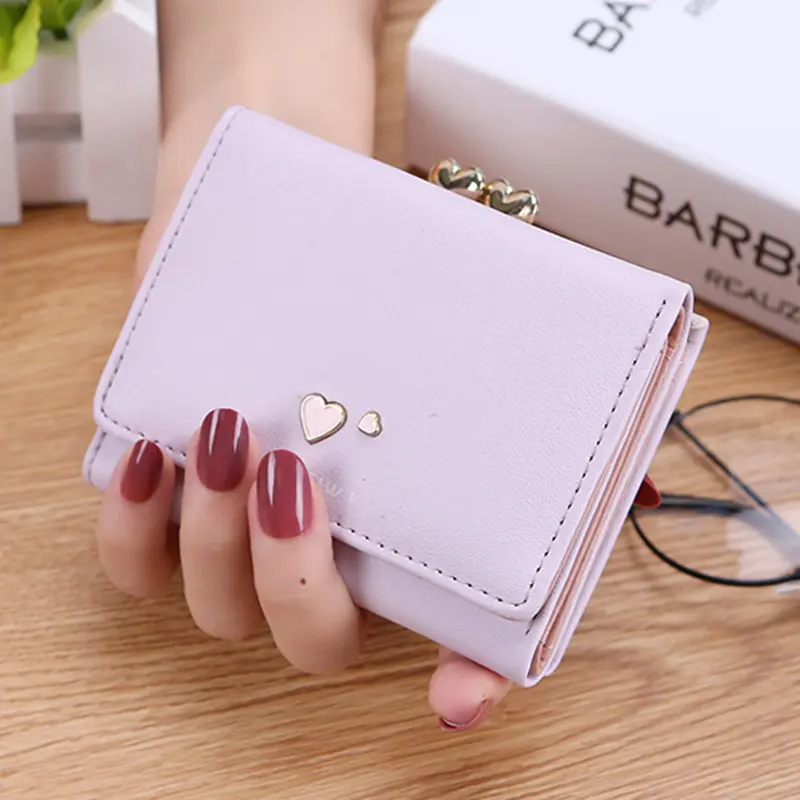 Short Love-Heart Pattern Women's Wallet Tri-Fold Card Holder Fashion Hasp Money Bag Solid Color Coin Purse Ladies Small Clutch
