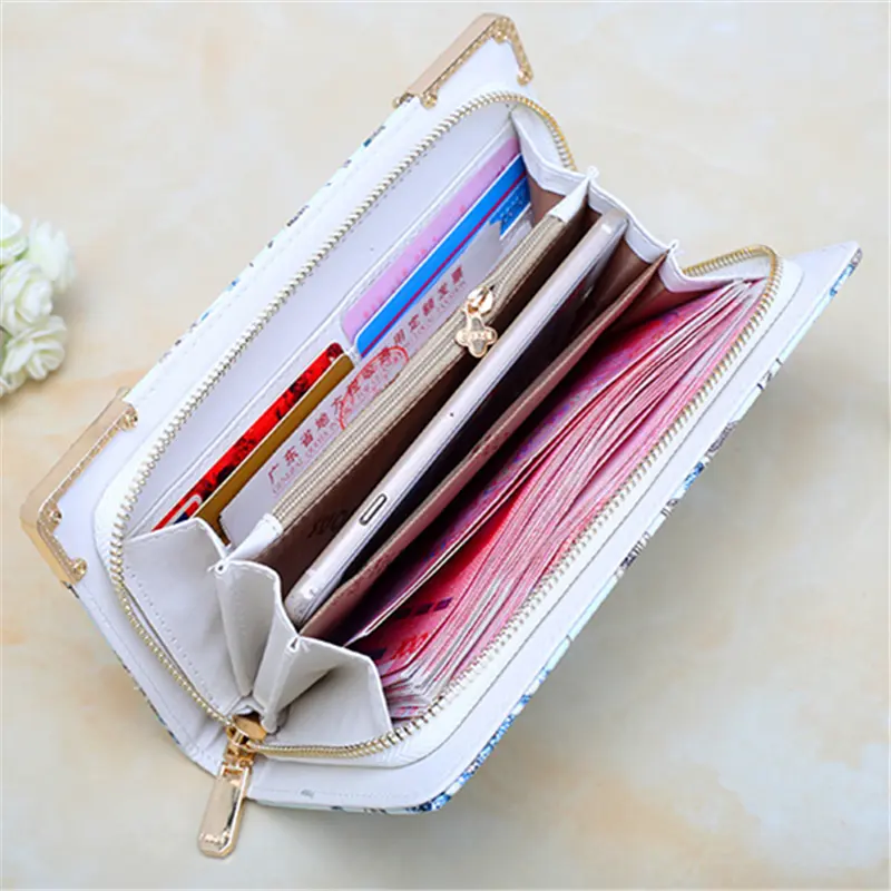 Women Long Wallet PU Leather Zipper Coin Purse Fashion Embroidered Phone Pocket Card Holder Credit Multifunction Lady Money Bag
