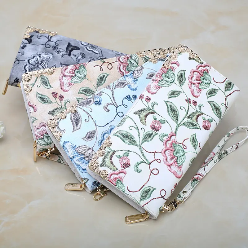 Women Long Wallet PU Leather Zipper Coin Purse Fashion Embroidered Phone Pocket Card Holder Credit Multifunction Lady Money Bag