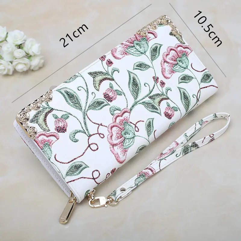 Women Long Wallet PU Leather Zipper Coin Purse Fashion Embroidered Phone Pocket Card Holder Credit Multifunction Lady Money Bag