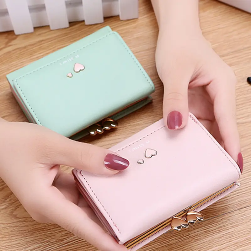 Short Love-Heart Pattern Women's Wallet Tri-Fold Card Holder Fashion Hasp Money Bag Solid Color Coin Purse Ladies Small Clutch