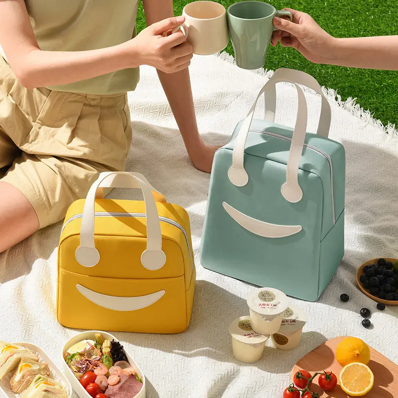 Cute Portable Lunch Box Bag Smiley Face Aluminum Foil Insulated Lunch Bag Picnic Dinner Storage Container Bento Bag