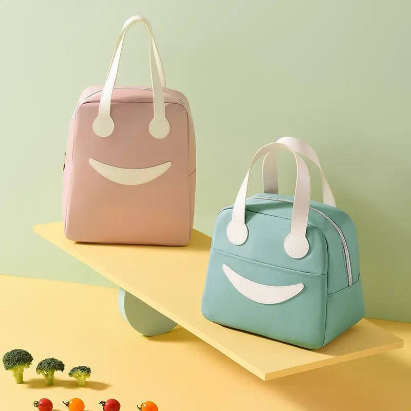 Cute Portable Lunch Box Bag Smiley Face Aluminum Foil Insulated Lunch Bag Picnic Dinner Storage Container Bento Bag