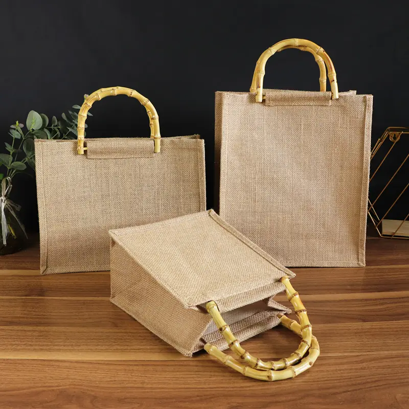 Retro Bamboo Linen Bag Jute Shopping Gift Packaging Storage Bamboo Section Tote Bag Portable Beach Travel Organizer Bags