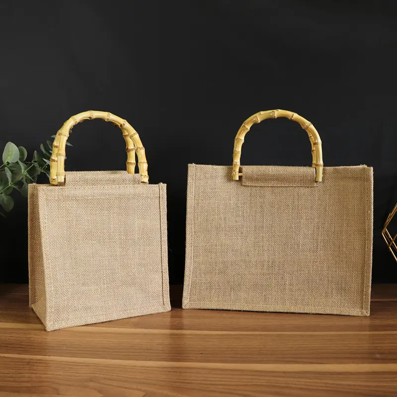 Retro Bamboo Linen Bag Jute Shopping Gift Packaging Storage Bamboo Section Tote Bag Portable Beach Travel Organizer Bags