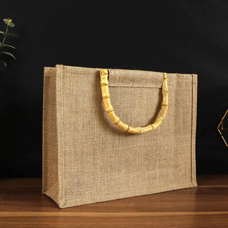 Retro Bamboo Linen Bag Jute Shopping Gift Packaging Storage Bamboo Section Tote Bag Portable Beach Travel Organizer Bags