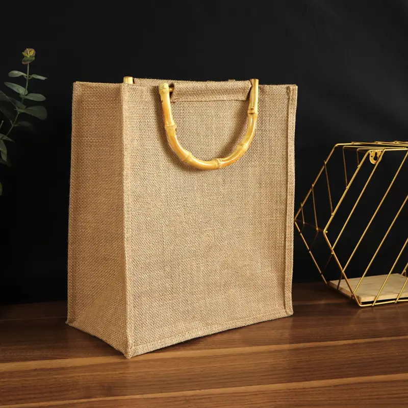 Retro Bamboo Linen Bag Jute Shopping Gift Packaging Storage Bamboo Section Tote Bag Portable Beach Travel Organizer Bags
