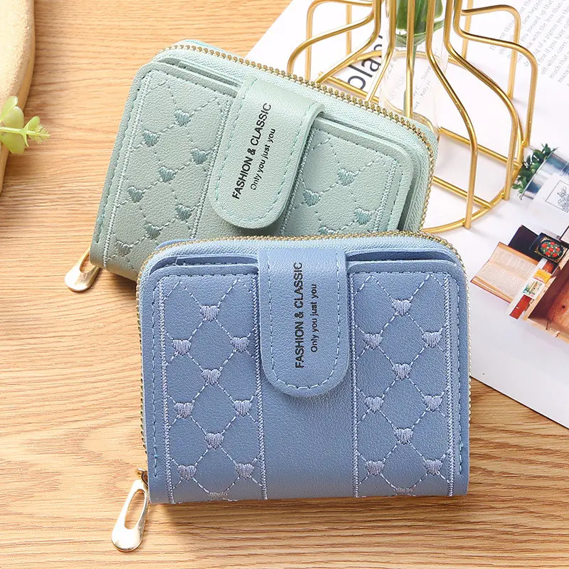 1PCS Ladies Short Wallet Embroidery Love Heart Zipper Hasp Clutch Small Coin Purses ID Credit Card Holder Money Bag Handbags
