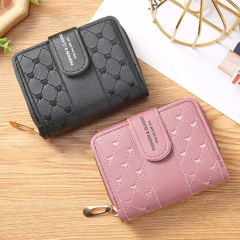 1PCS Ladies Short Wallet Embroidery Love Heart Zipper Hasp Clutch Small Coin Purses ID Credit Card Holder Money Bag Handbags