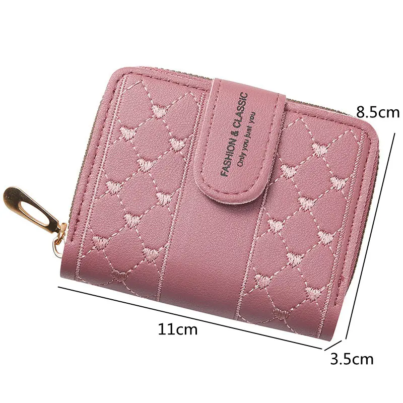 1PCS Ladies Short Wallet Embroidery Love Heart Zipper Hasp Clutch Small Coin Purses ID Credit Card Holder Money Bag Handbags