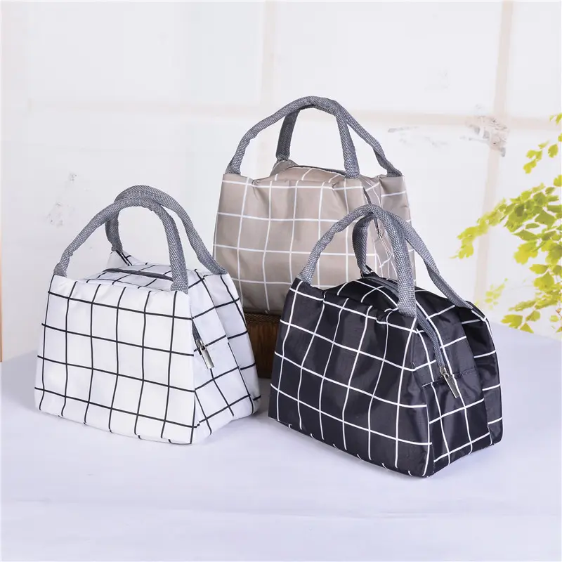 Fashion Lattice Lunch Bag Large-Capacity Waterproof Polyester Fabric Tote Box Portable Women Kids Men Insulation Hand Pack