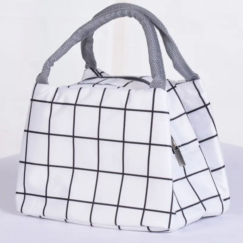Fashion Lattice Lunch Bag Large-Capacity Waterproof Polyester Fabric Tote Box Portable Women Kids Men Insulation Hand Pack