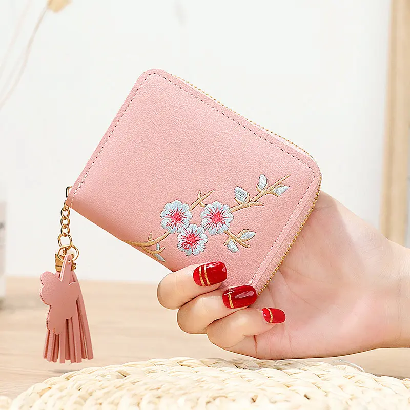 Plum Embroidered Women Short Zipper Wallet Fashion Ladies Small Clutch Casual Card Holder Solid Color PU Leather Female Purse