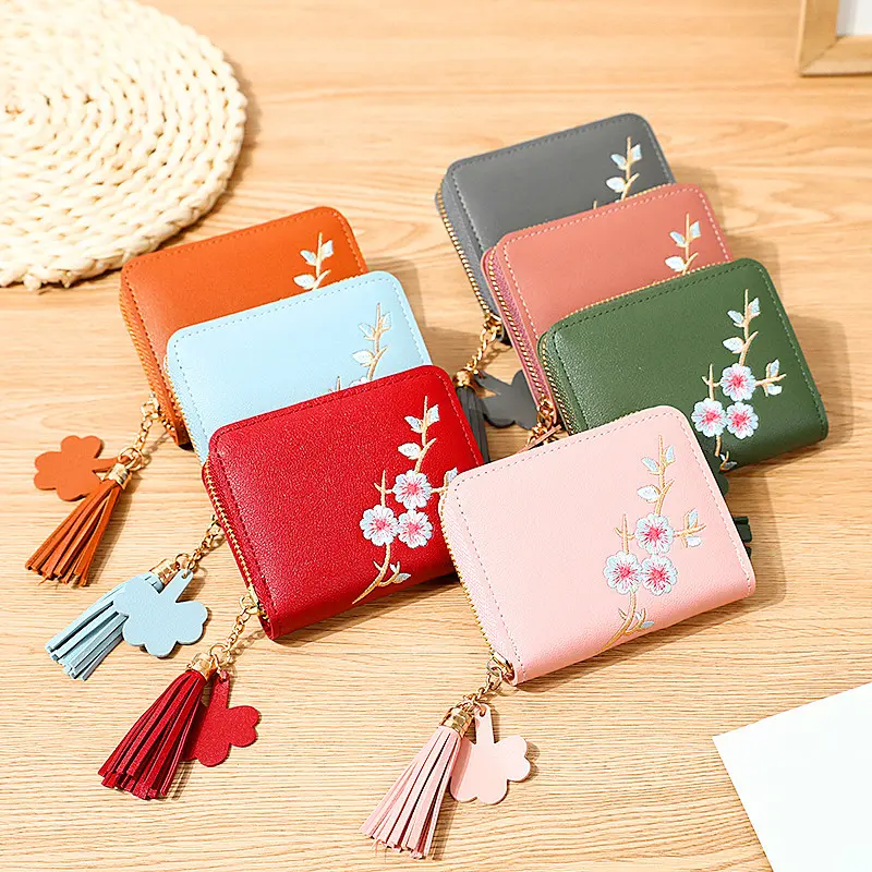 Plum Embroidered Women Short Zipper Wallet Fashion Ladies Small Clutch Casual Card Holder Solid Color PU Leather Female Purse