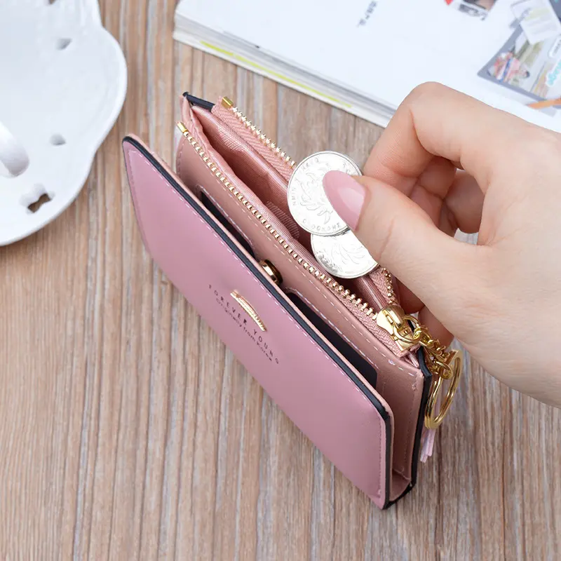 Women's Leaf Decoration Short Wallets PU Leather Buckle Zipper Card Holders Fashion Tassel Mini Clutch Female Small Coin Purses