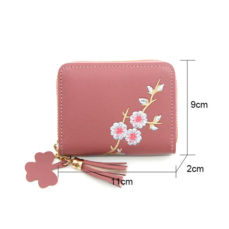Plum Embroidered Women Short Zipper Wallet Fashion Ladies Small Clutch Casual Card Holder Solid Color PU Leather Female Purse