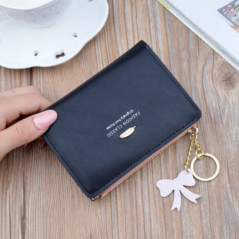 Women's Leaf Decoration Short Wallets PU Leather Buckle Zipper Card Holders Fashion Tassel Mini Clutch Female Small Coin Purses