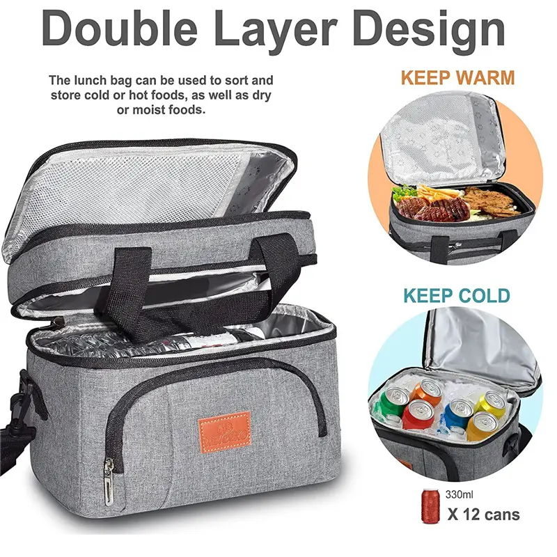 Large Capacity Double Layers Insulation Lunch Bags Multifunctional Travel Picnic Waterproof Lunch Box with Shoulder Strap