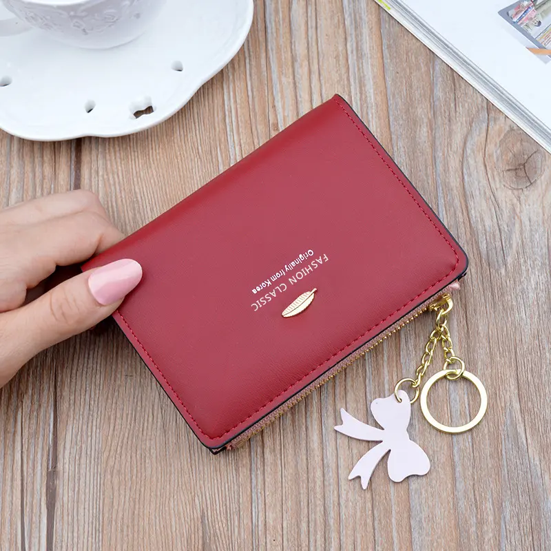 Women's Leaf Decoration Short Wallets PU Leather Buckle Zipper Card Holders Fashion Tassel Mini Clutch Female Small Coin Purses