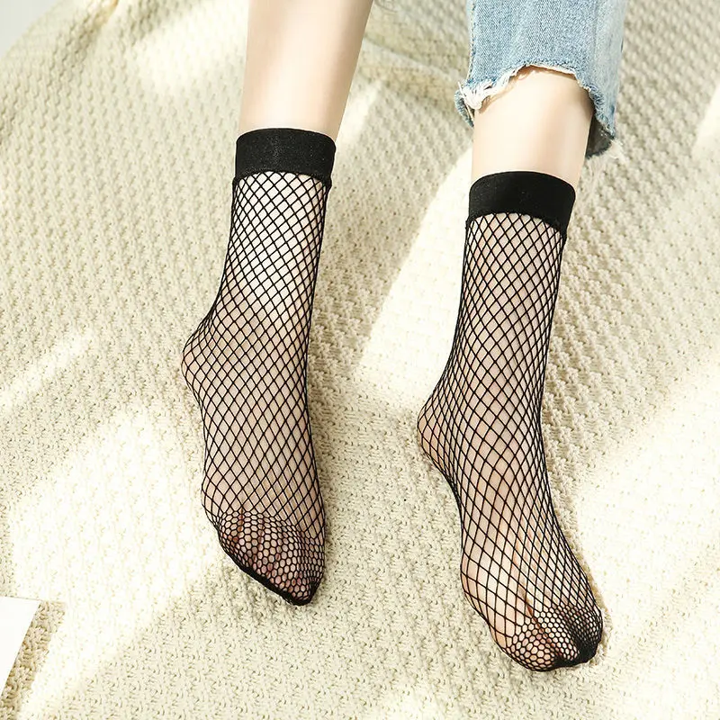 1 Pair Women Girls Fishnet Socks Summer Sexy Black Thin Mesh Lace FishNet Short Socks Women's Fashion Nylon Socks