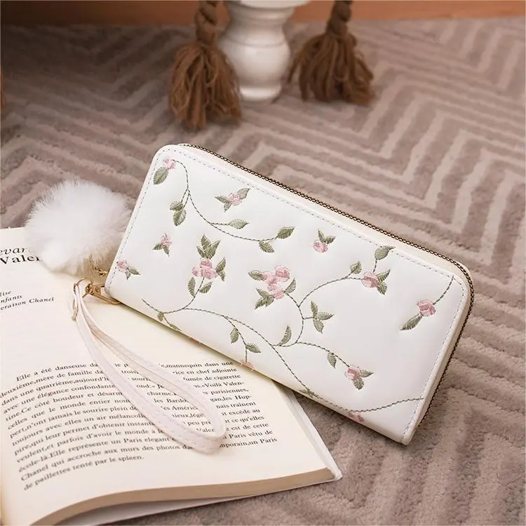 Women's Embroidered Long Wallet PU Leather Flower Pattern Ladies Coin Purse Card Holders Foldable Zipper Money Bag Mom Wallets