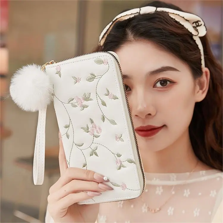 Women's Embroidered Long Wallet PU Leather Flower Pattern Ladies Coin Purse Card Holders Foldable Zipper Money Bag Mom Wallets