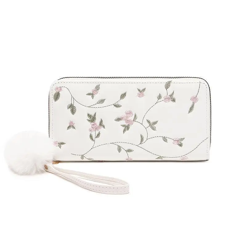 Women's Embroidered Long Wallet PU Leather Flower Pattern Ladies Coin Purse Card Holders Foldable Zipper Money Bag Mom Wallets