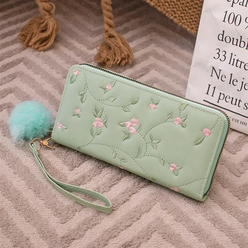 Women's Embroidered Long Wallet PU Leather Flower Pattern Ladies Coin Purse Card Holders Foldable Zipper Money Bag Mom Wallets
