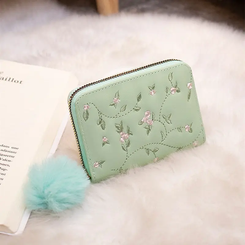 flower Embroidered Women Short Wallet Zipper Chinese Style  Purse Ladies Small Clutch Card Holder Pu Leather Female Coin Purse