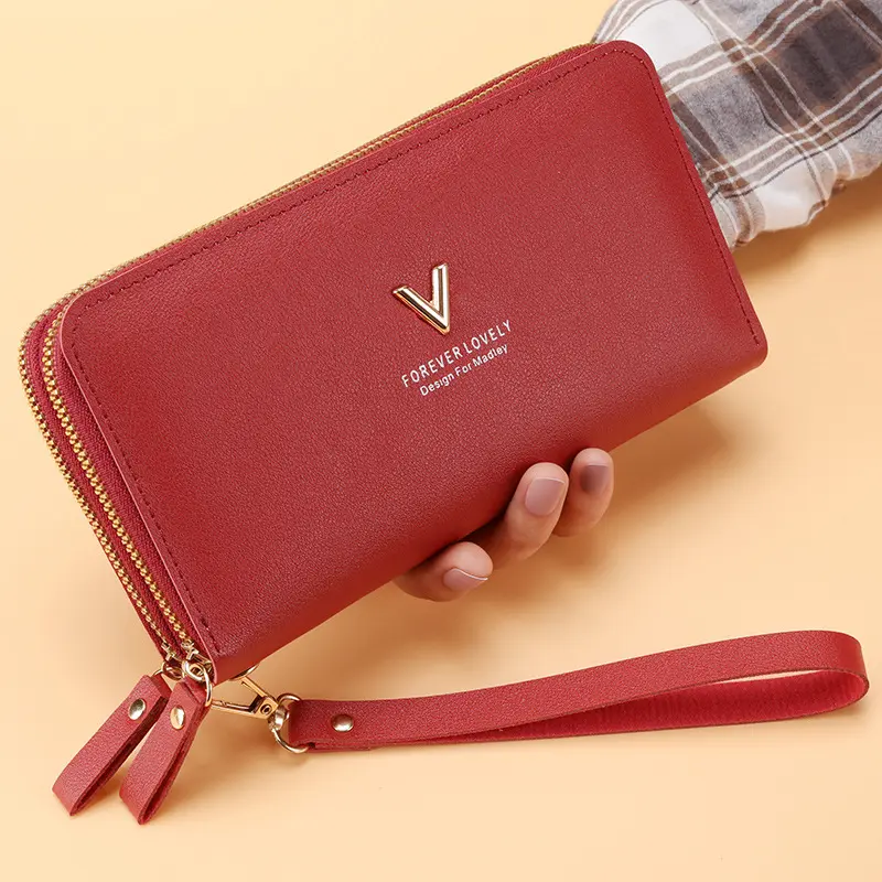 Women Double Zipper Wallets Fashion V Female Solid Color Leather Coin Purses Ladies Long Wristband Card Holder Clutch Bag