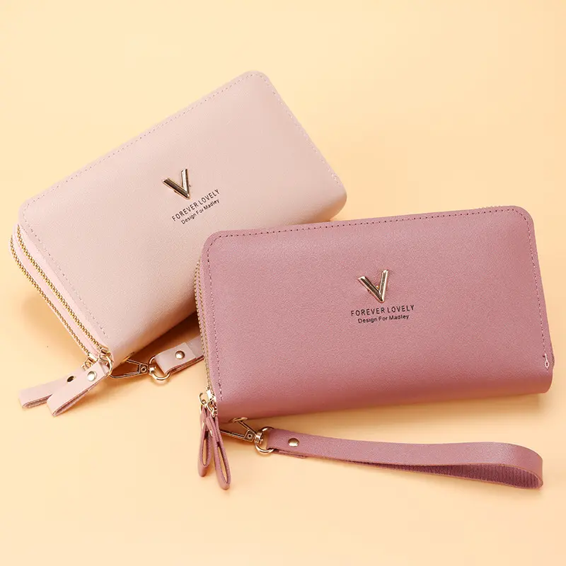 Women Double Zipper Wallets Fashion V Female Solid Color Leather Coin Purses Ladies Long Wristband Card Holder Clutch Bag