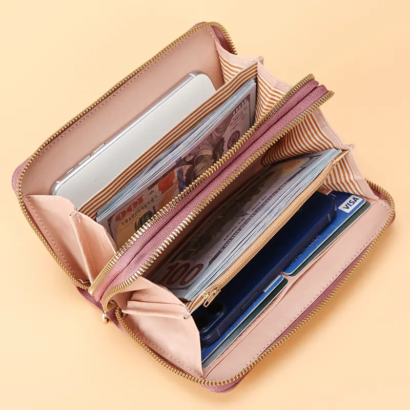 Women Double Zipper Wallets Fashion V Female Solid Color Leather Coin Purses Ladies Long Wristband Card Holder Clutch Bag