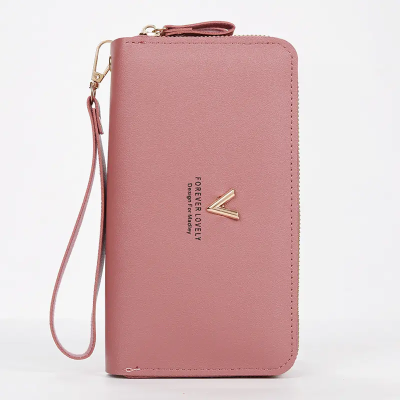 Women Double Zipper Wallets Fashion V Female Solid Color Leather Coin Purses Ladies Long Wristband Card Holder Clutch Bag