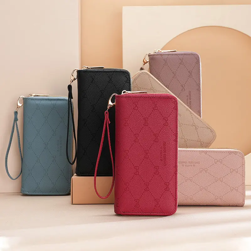 New Women's Long Wallet Korean Double Zipper Clutch Bag Large Capacity Bow Coin Pouch Card Holder Simple Female Purse for Ladies