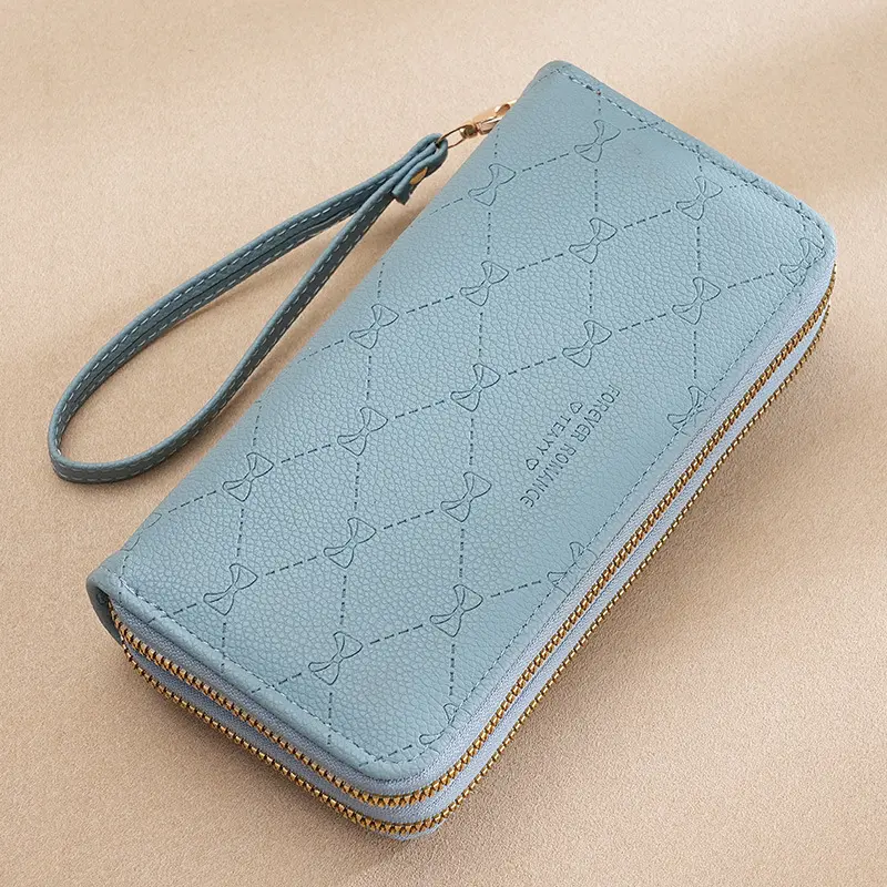 New Women's Long Wallet Korean Double Zipper Clutch Bag Large Capacity Bow Coin Pouch Card Holder Simple Female Purse for Ladies