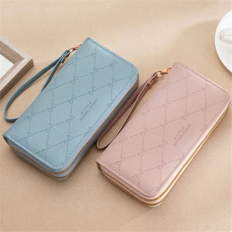 New Women's Long Wallet Korean Double Zipper Clutch Bag Large Capacity Bow Coin Pouch Card Holder Simple Female Purse for Ladies