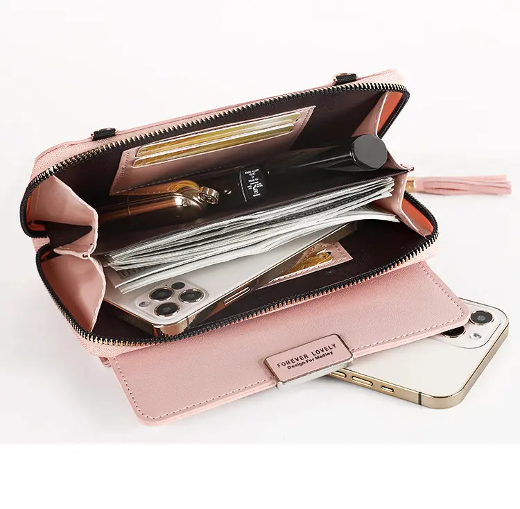New Women Wallet Solid Leather Shoulder Straps Shoulder Bag Mobile Phone Big Card Holders Wallet Handbag Pockets Girls